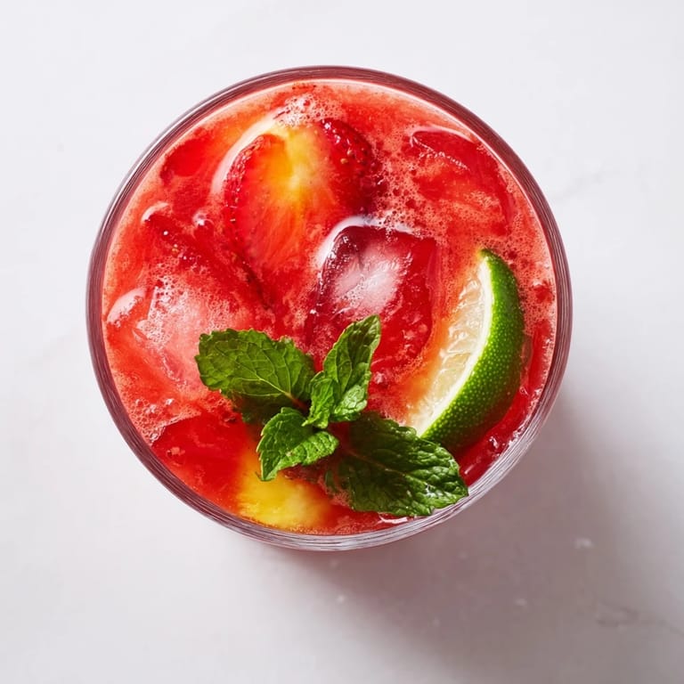 Bright pink and yellow DIY fruit refresher drinks, served over ice and garnished with fresh mint.