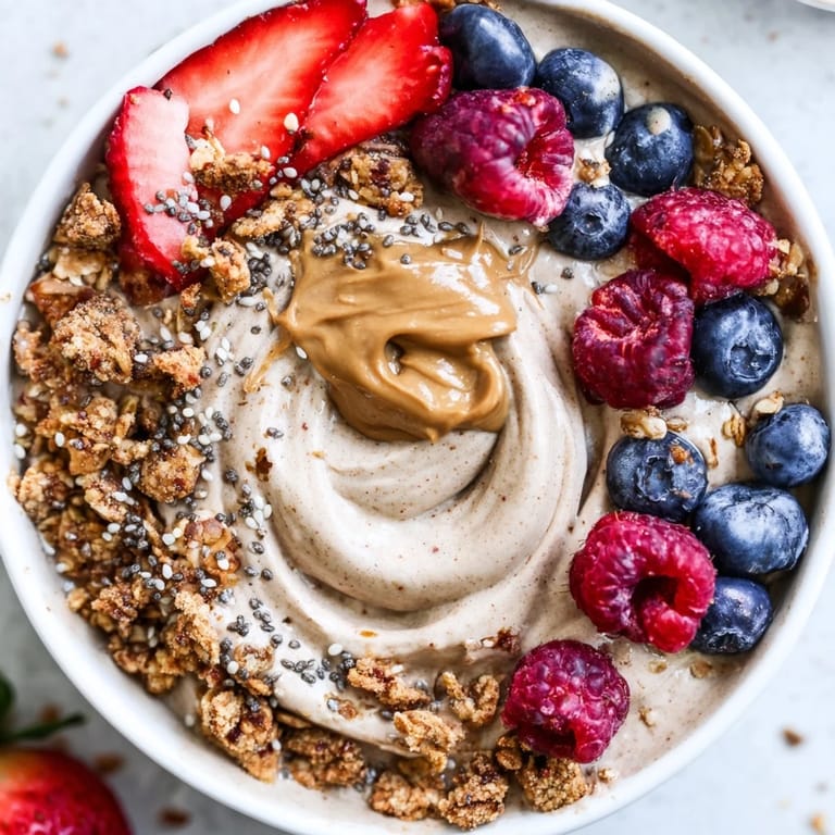 Enjoy a healthy protein ice cream bowl: creamy base topped with granola and fresh fruit.