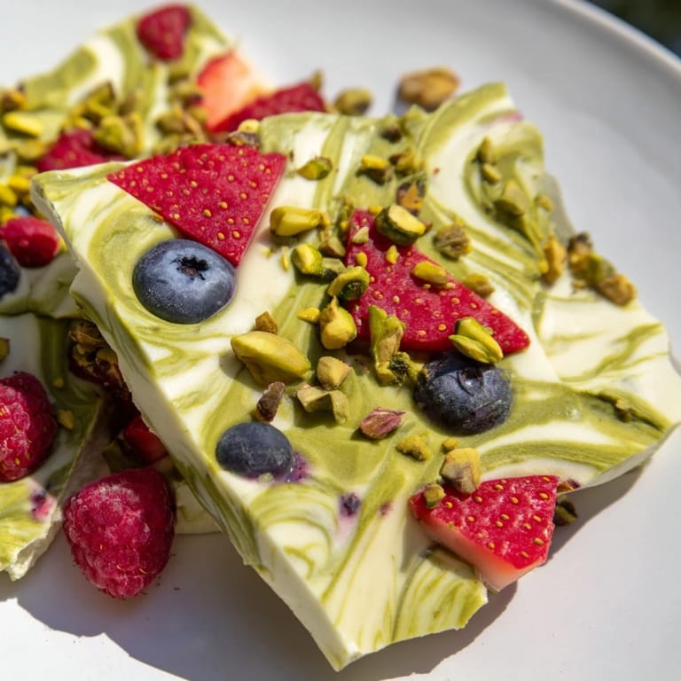 Refreshing Frozen Yogurt Bark features a beautiful swirl of matcha and berries, ideal for a light dessert or snack.