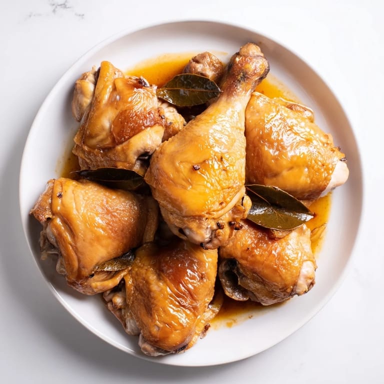 A close-up shot of rich, browned Filipino Chicken Adobo, ready to serve over fluffy white rice.