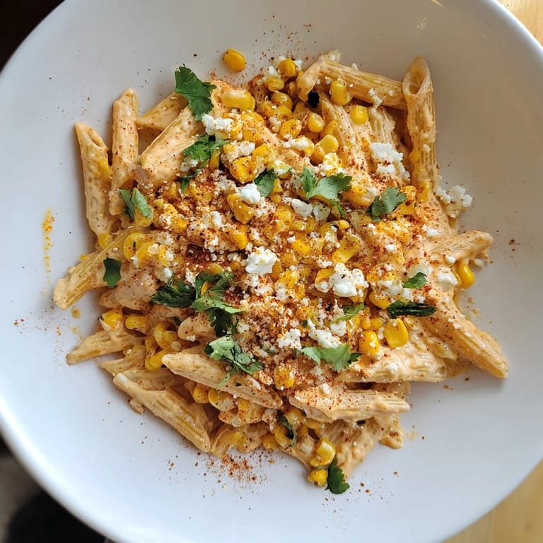 Vibrant photo of Mexican street corn pasta, ready to serve with fresh cilantro and lime wedges.
