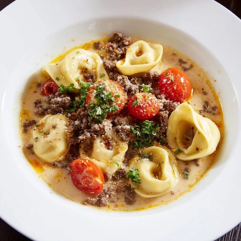 Savory Tortellini Beef Soup features a creamy broth with juicy tomatoes and Italian herbs.