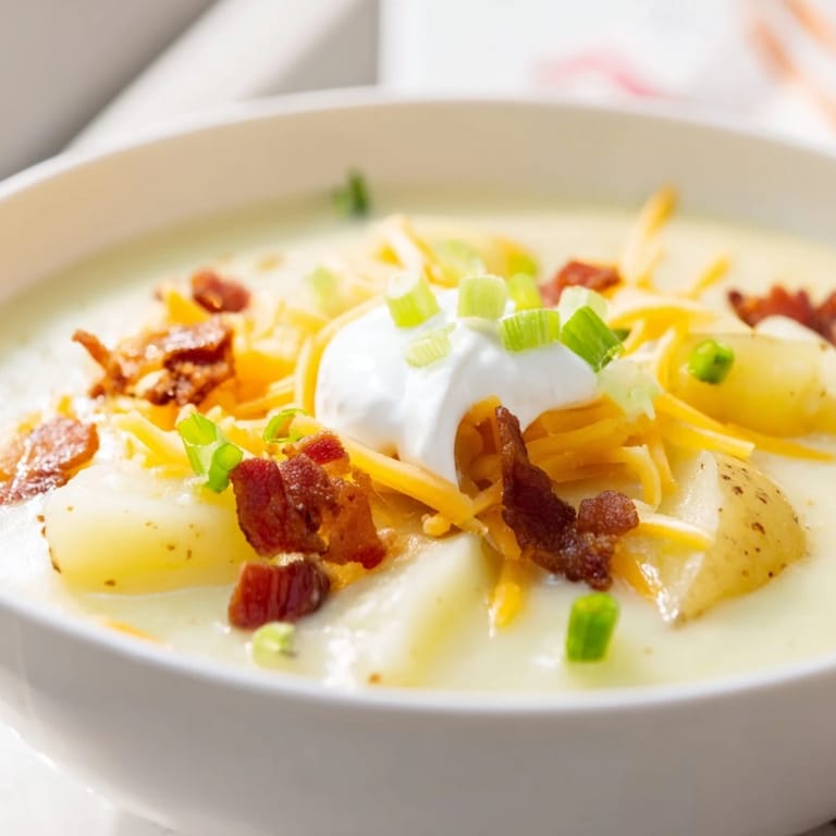 A steaming bowl of loaded baked potato soup, garnished with green onions and sour cream swirls.