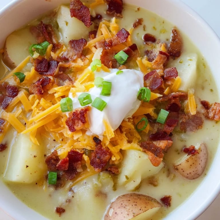 Homemade loaded baked potato soup, a hearty American classic with visible chunks of potato.