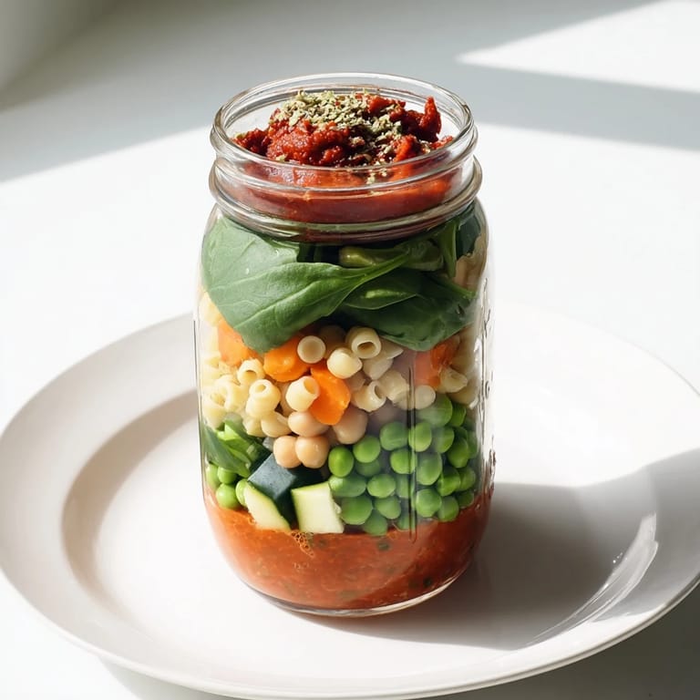 A Mason jar of vibrant Minestrone Soup, showcasing vegetables, pasta, and beans before heating.