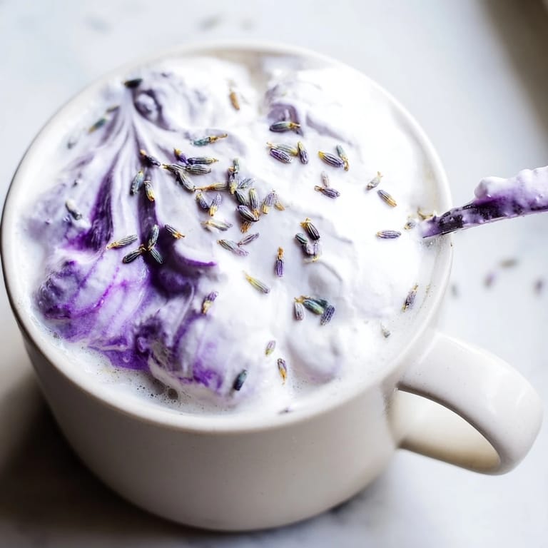 Velvety Whipped Lavender Latte showcases a creamy, purple-hued foam over a rich coffee drink.