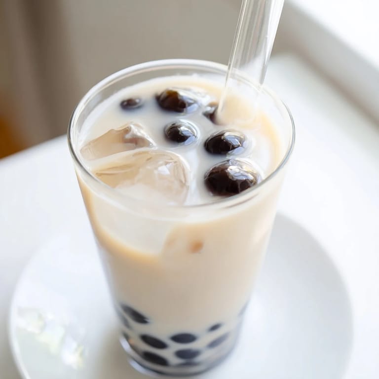 Homemade boba tea hack: A refreshing, cool beverage with tea, milk, and instant tapioca pearls.