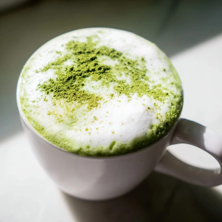 Vivid green Matcha Green Tea Latte poured into a white mug, ready to be enjoyed.
