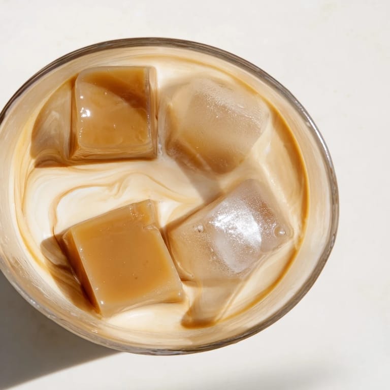 Enjoy a layered Coffee Jelly Drink: coffee jelly submerged in a sweet, creamy milk drink.