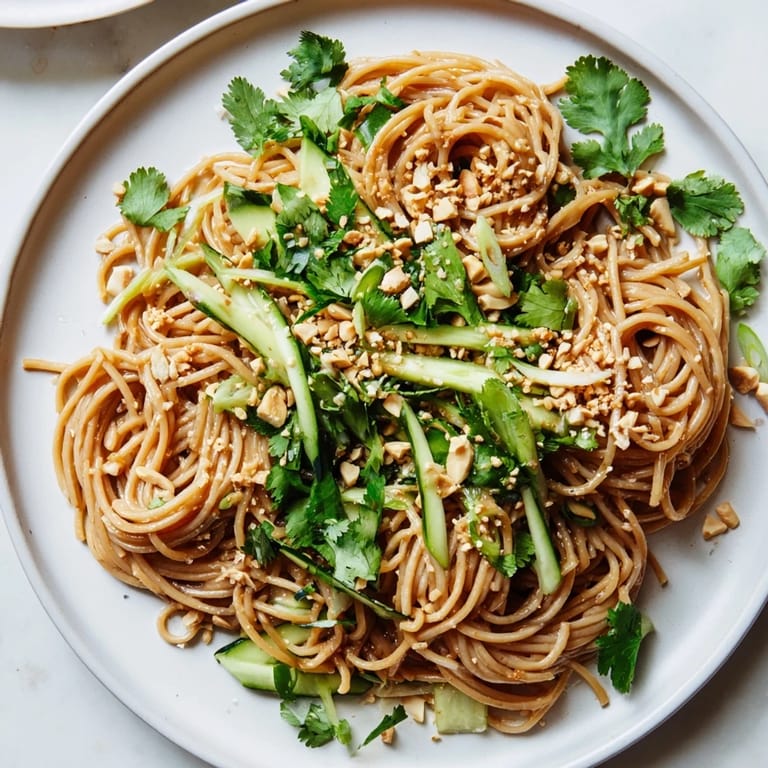 A bowl of Spicy Sesame Noodle Salad, with bright cucumbers and cilantro, perfect for a dairy-free dinner.