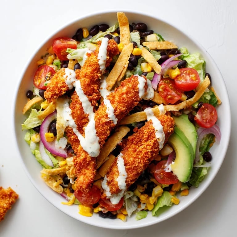 A delicious close-up of a fully-loaded crispy chicken taco salad bursting with flavor and texture.