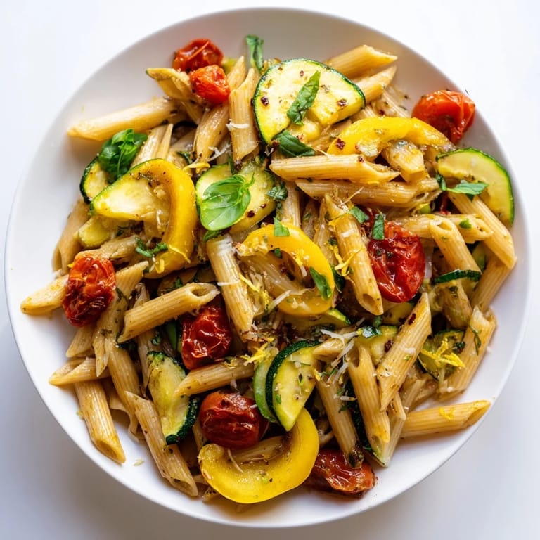 A delicious bowl of Garden Veggie Pasta, featuring fresh basil and parmesan cheese.