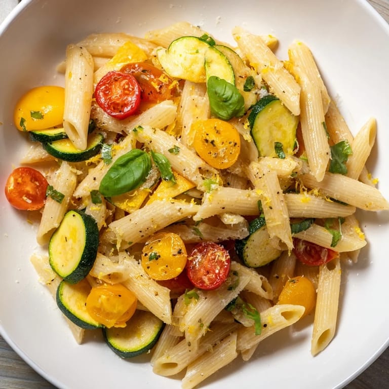 This beautiful plated Garden Veggie Pasta showcases the bright colors of summer vegetables.