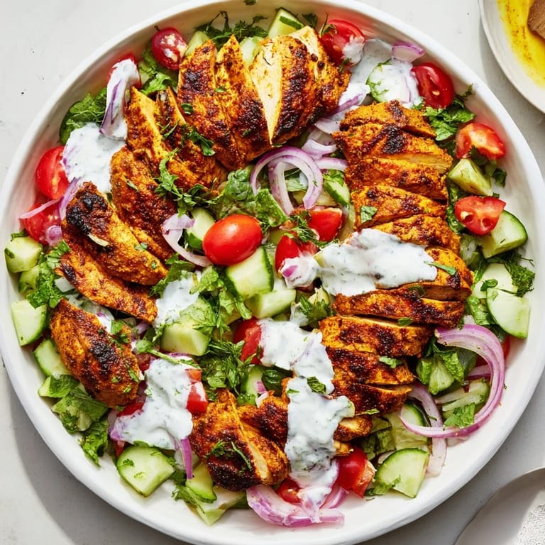 Flavorful Chicken Shawarma Salad, beautifully plated with colorful tomatoes and a creamy yogurt dressing.