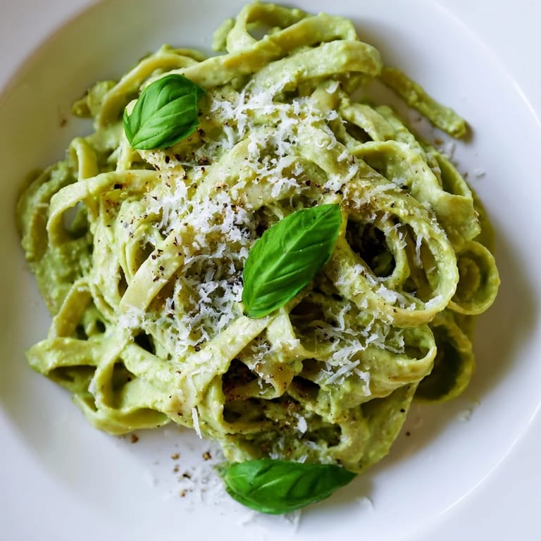 Bright green creamy green pea Alfredo sauce coats the pasta, with hints of Parmesan and black pepper.