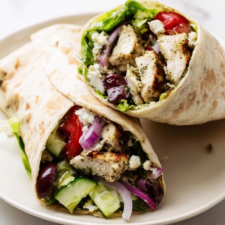 A close-up of a delightful Greek Lemon Chicken Salad Wrap, ready and perfect for lunch.