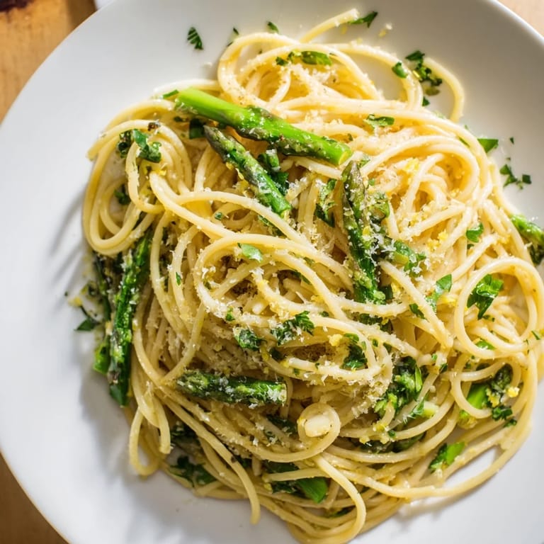 Tender asparagus spears and silky spaghetti are coated in the flavors of roasted garlic in this pasta.