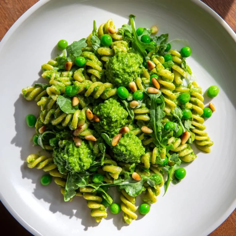 Cool, refreshing spring green pesto pasta salad, offering a delightful blend of basil and olive oil flavors.