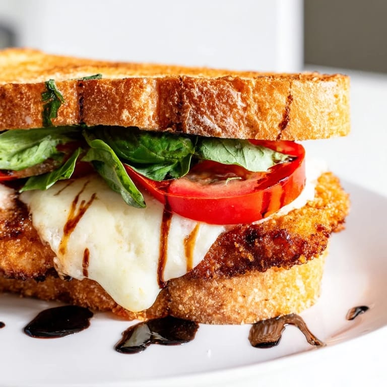 Toasted ciabatta cradles a delicious chicken Caprese sandwich, layered with basil and balsamic glaze.