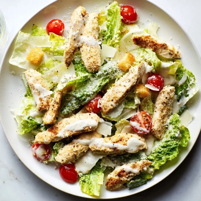 Fresh, vibrant Yogurt Caesar Grilled Chicken Salad featuring tender chicken atop crisp romaine with Parmesan.