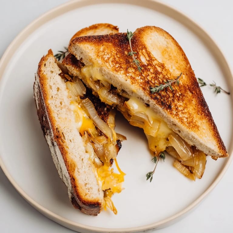 Crispy country bread surrounds a melty Caramelized Onion & Gruyère Grilled Cheese, perfect for a comfort food lunch.