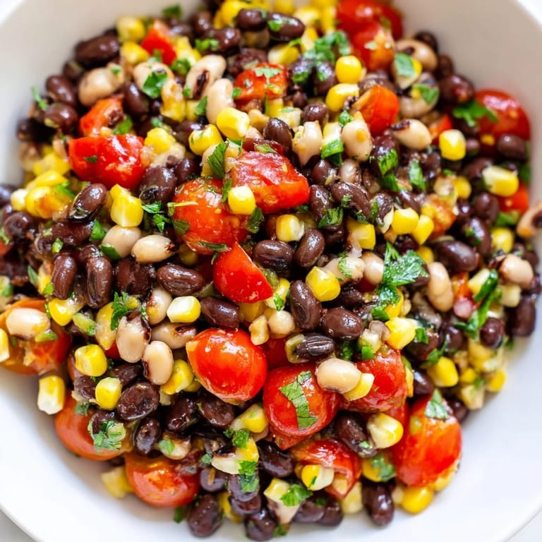 A freshly tossed Cowboy Caviar appetizer, garnished with lime wedges and chopped cilantro, served as a colorful side dish.