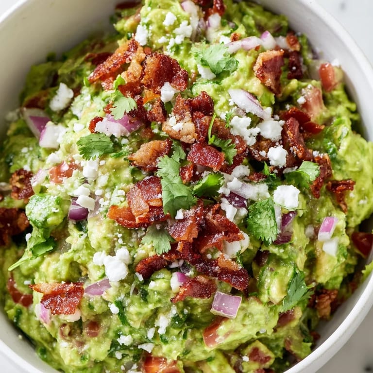 A hearty bowl of Bacon Guacamole with Cotija, featuring diced tomatoes and jalapeños, served alongside crunchy tortilla chips on a rustic table.