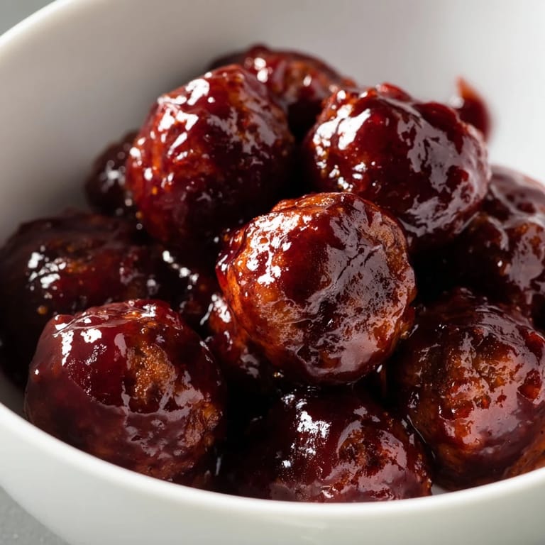 Slow-cooker grape jelly and chili sauce meatballs simmer in a glossy, sweet and tangy red glaze.
