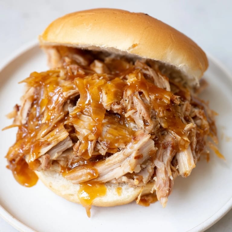 A close-up of warm applesauce pulled pork sandwiches on soft buns, ready to serve.