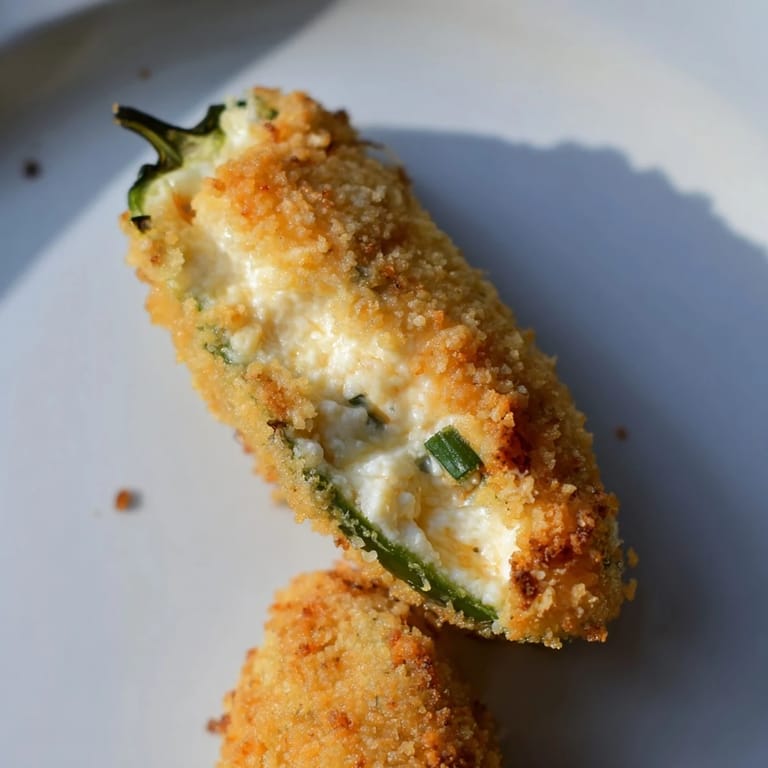 These air-fried jalapeño poppers have bubbly cheese filling and a crispy golden topping, served warm.