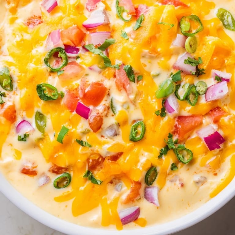 Vibrant Queso Dip in a serving bowl, surrounded by crunchy tortilla chips and fresh vegetable sticks, perfect for a Super Bowl party or game day gathering.