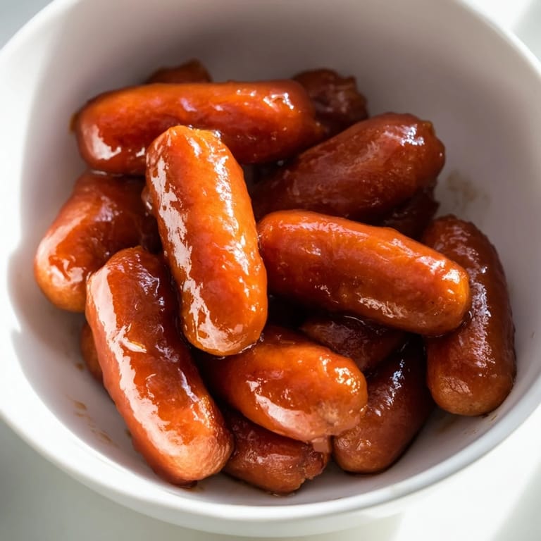 A crock pot filled with tender, mini smoked sausages simmering in apricot barbecue sauce, perfect for scooping onto potato chips or crusty bread.