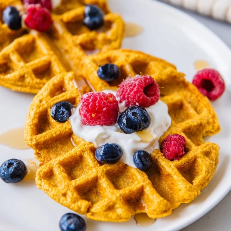 Freshly cooked Anti-Inflammatory Adaptogenic Turmeric Waffles showing a crisp golden edge and fluffy interior.