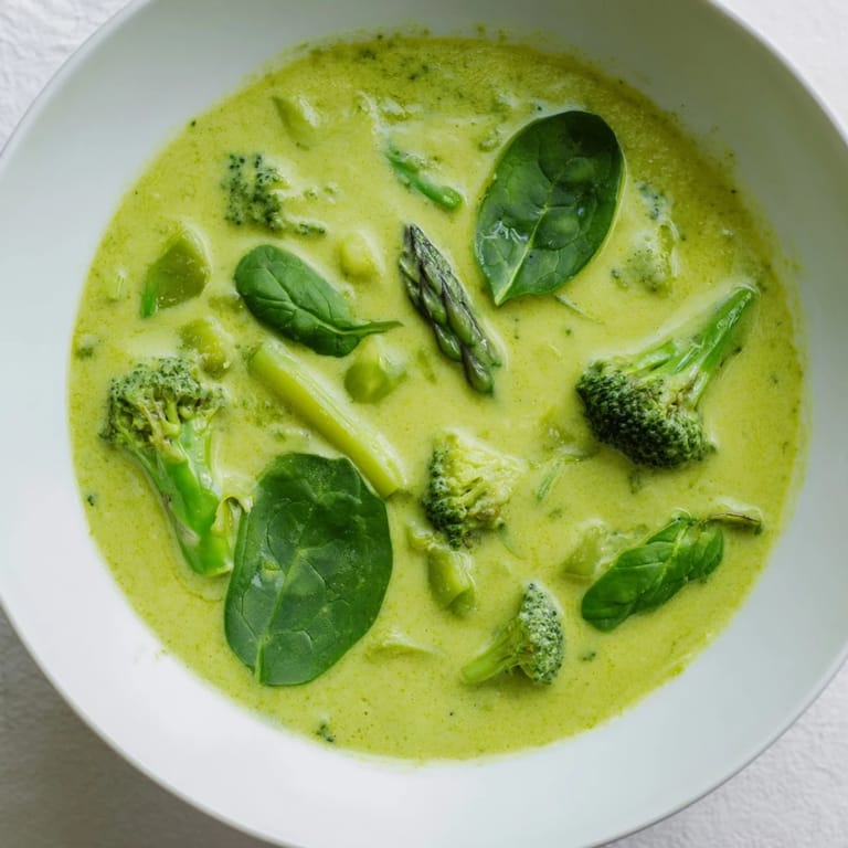 A ladle pours smooth, creamy Big Green Immunity-Boosting Vegetable Soup into a bowl, highlighting its vibrant green color and steam rising from the hot broth.