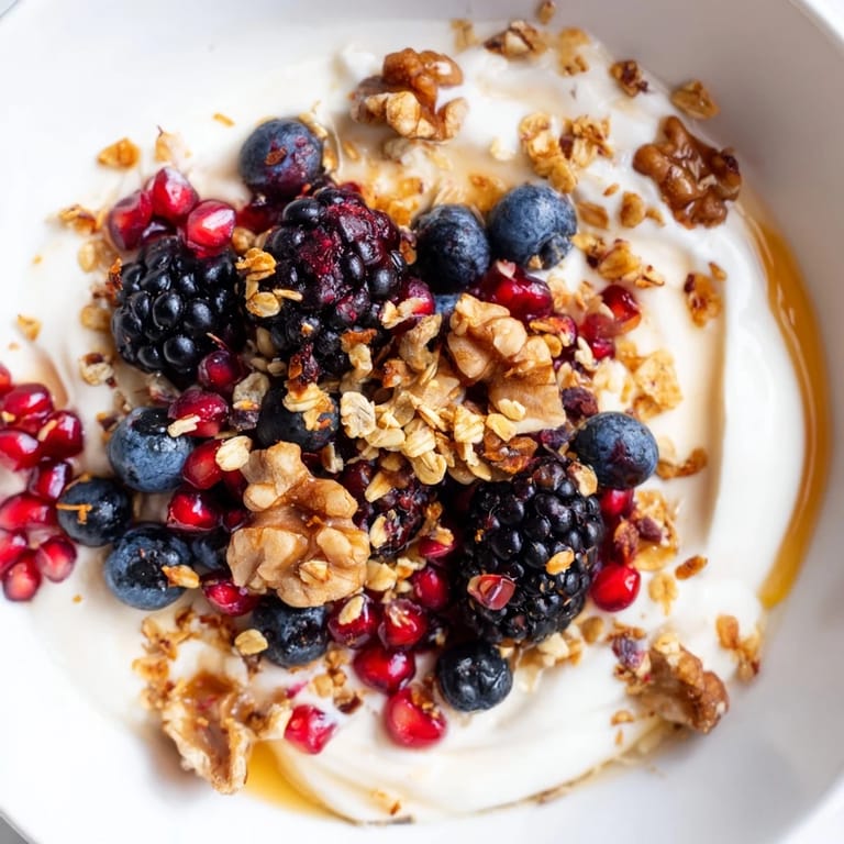 Spoon-ready yogurt bowl with winter berries and spiced crunch, served with a side of honey for a cozy morning meal.