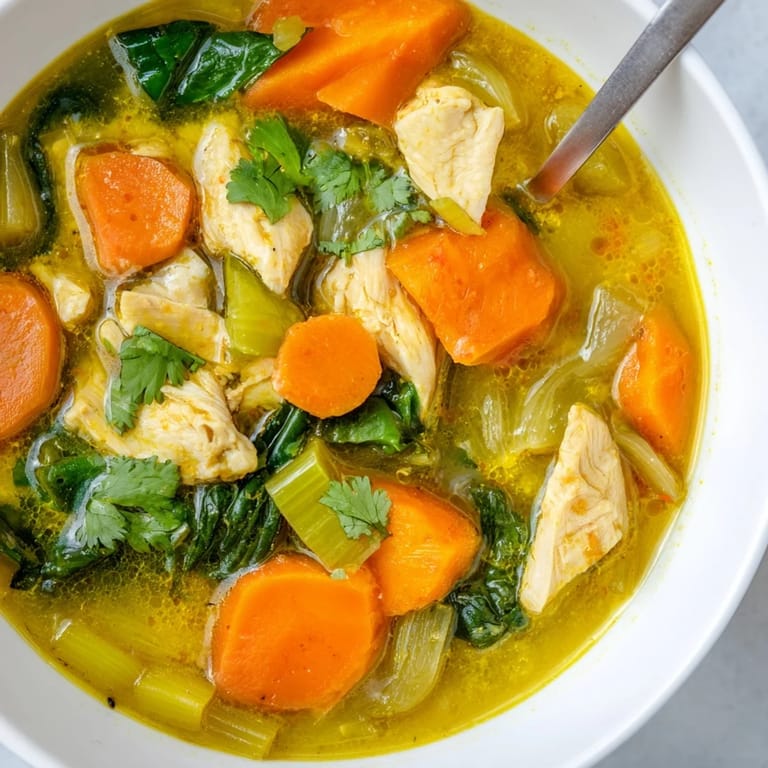Steam rises from a ladle of nourishing Turmeric Chicken Soup, garnished with fresh parsley and served alongside warm crusty bread.