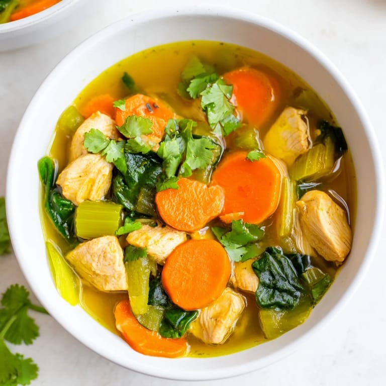 Close-up of the golden-hued Turmeric Chicken Soup, featuring colorful carrots, celery, and wilted spinach in a savory, aromatic broth.