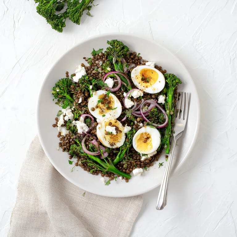 Hearty vegetarian French lentil salad with blanched broccolini, red onion, and halved soft-cooked eggs.