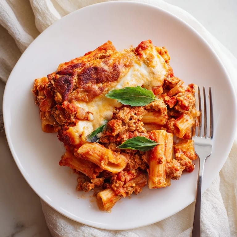 Close-up of rich tomato sauce and creamy ricotta in Freezer Make-Ahead Baked Ziti, paired with fresh basil.