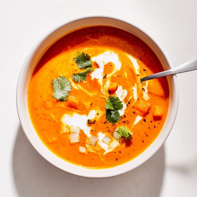 Warm roasted red pepper soup in a rustic bowl, ready to pair with gluten-free crusty bread.