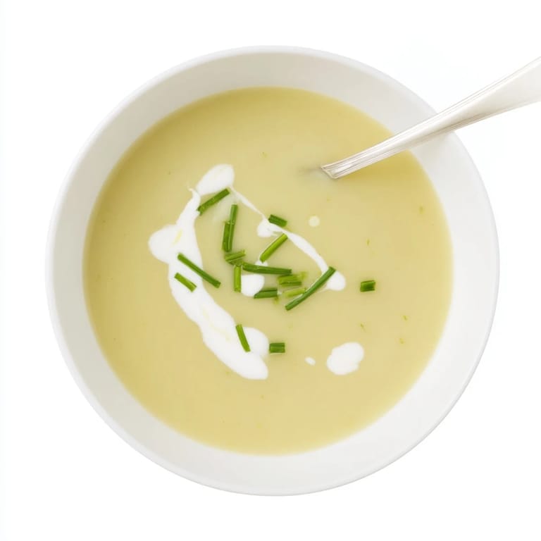 Smooth and creamy potato leek soup in a white bowl, garnished with fresh parsley and a light drizzle of olive oil.