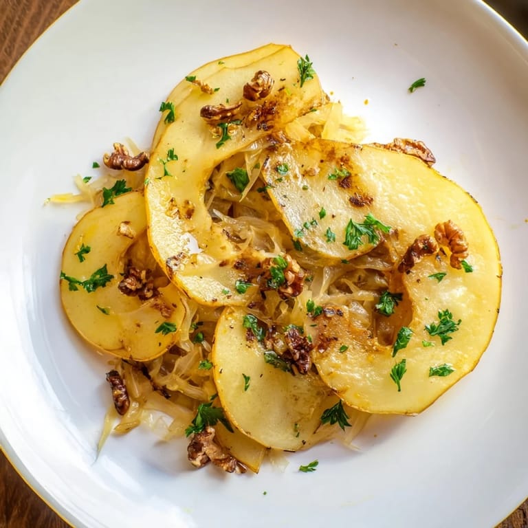 A close-up of Warm Apple and Sauerkraut Skillet Salad topped with fresh parsley and toasted pecans, perfect alongside grilled sausages.