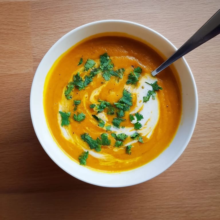 A nourishing bowl of Carrot and Lentil Soup, blending sweet carrots and red lentils for a comforting meal.