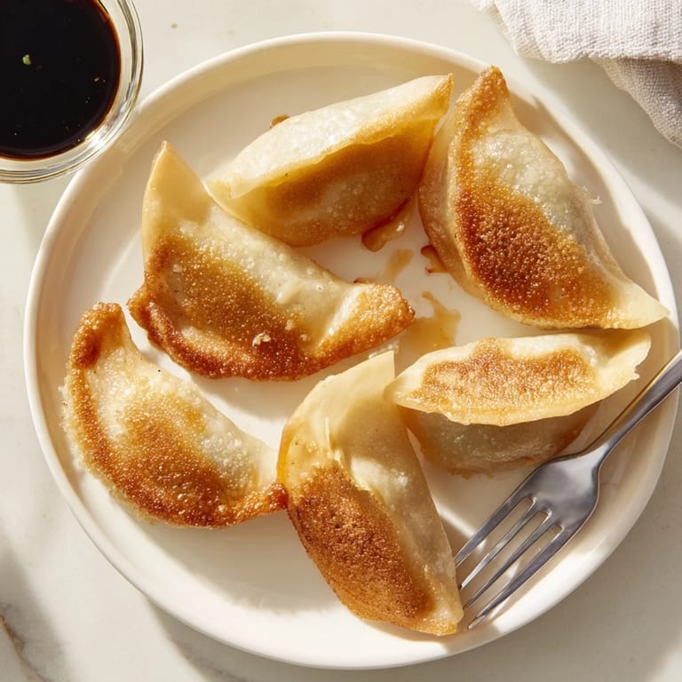 Crispy smashed gyozas ready to eat, paired with a dipping sauce and chopsticks for an easy weeknight dinner.