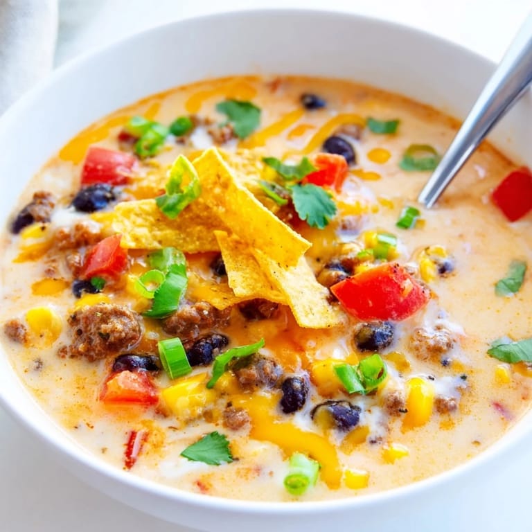 Creamy Taco Soup served with lime wedges and crushed tortilla chips, perfect for a cozy Tex-Mex dinner.