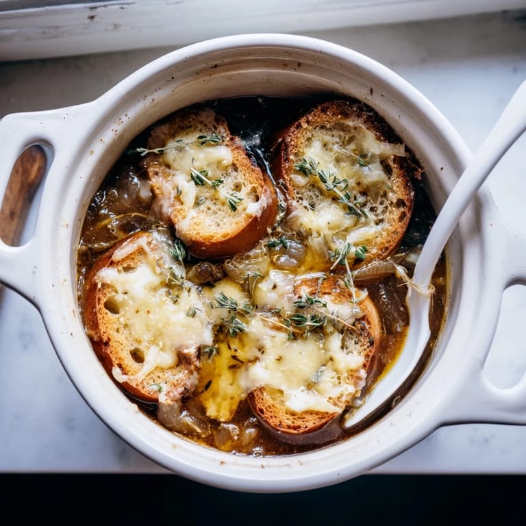 Rustic Dutch oven French onion soup served in a ceramic bowl, garnished with fresh thyme and a side of crusty bread.
