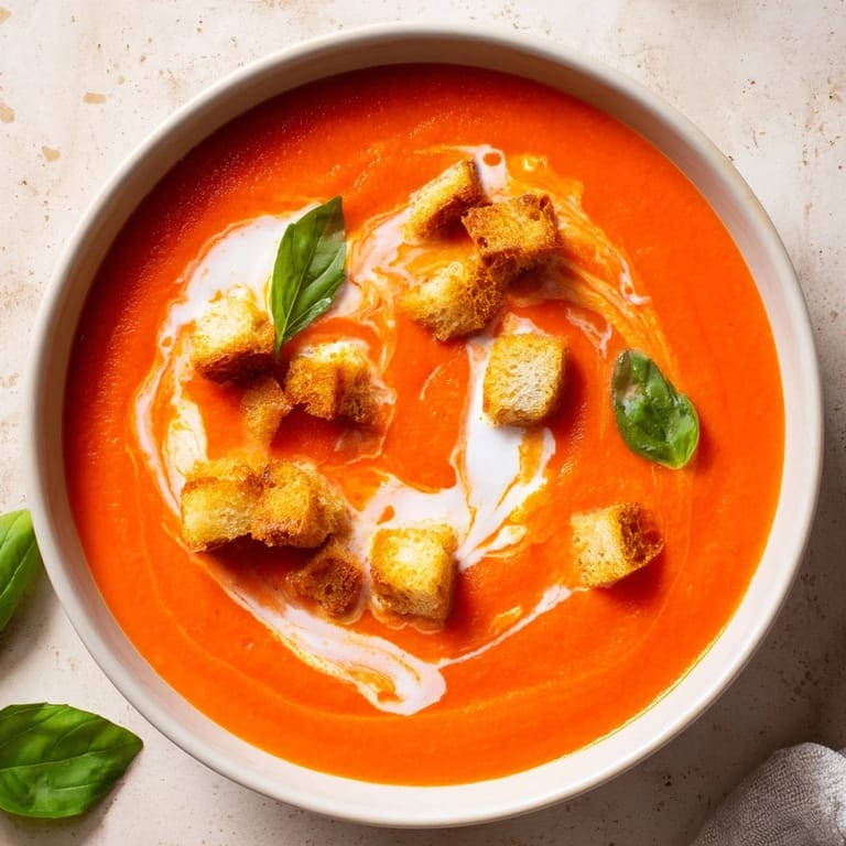 Steaming bowl of creamy roasted tomato soup with a golden cream swirl and crunchy, herb-seasoned croutons on top.