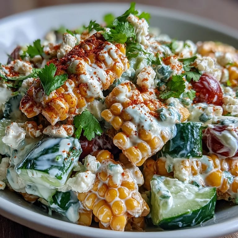 Colorful Street Corn Creamy Cucumber Salad with juicy corn and crisp cucumbers in a creamy lime dressing.