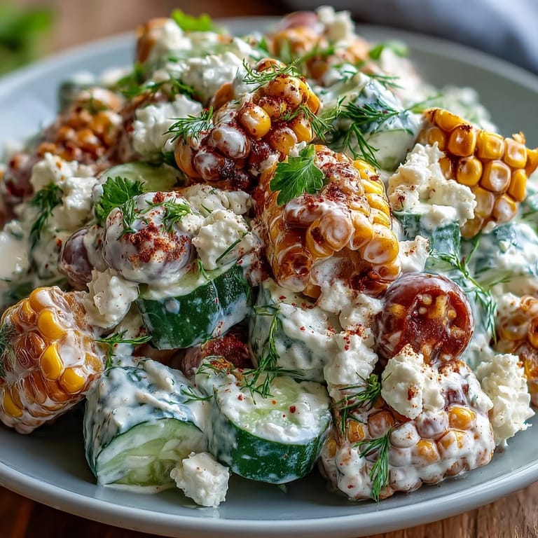 Summer Street Corn Creamy Cucumber Salad topped with feta and cilantro, served alongside tortilla chips.  