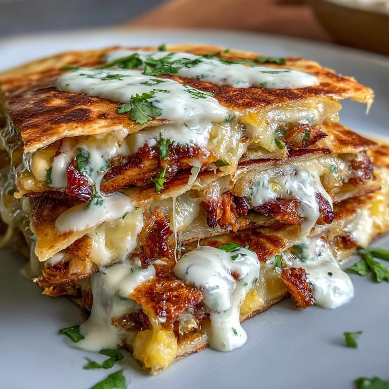 Close-up of crispy flour tortilla quesadillas filled with tender hot honey chicken and shredded cheese, served with lime wedges and fresh cilantro.